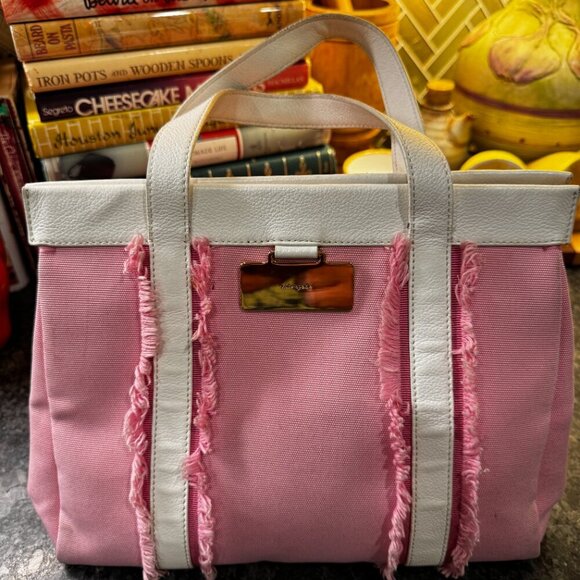Authentic Kate Spade Pink & White Canvas Leather Tote – Lady in Pink Shoulder Ba - Picture 2 of 5